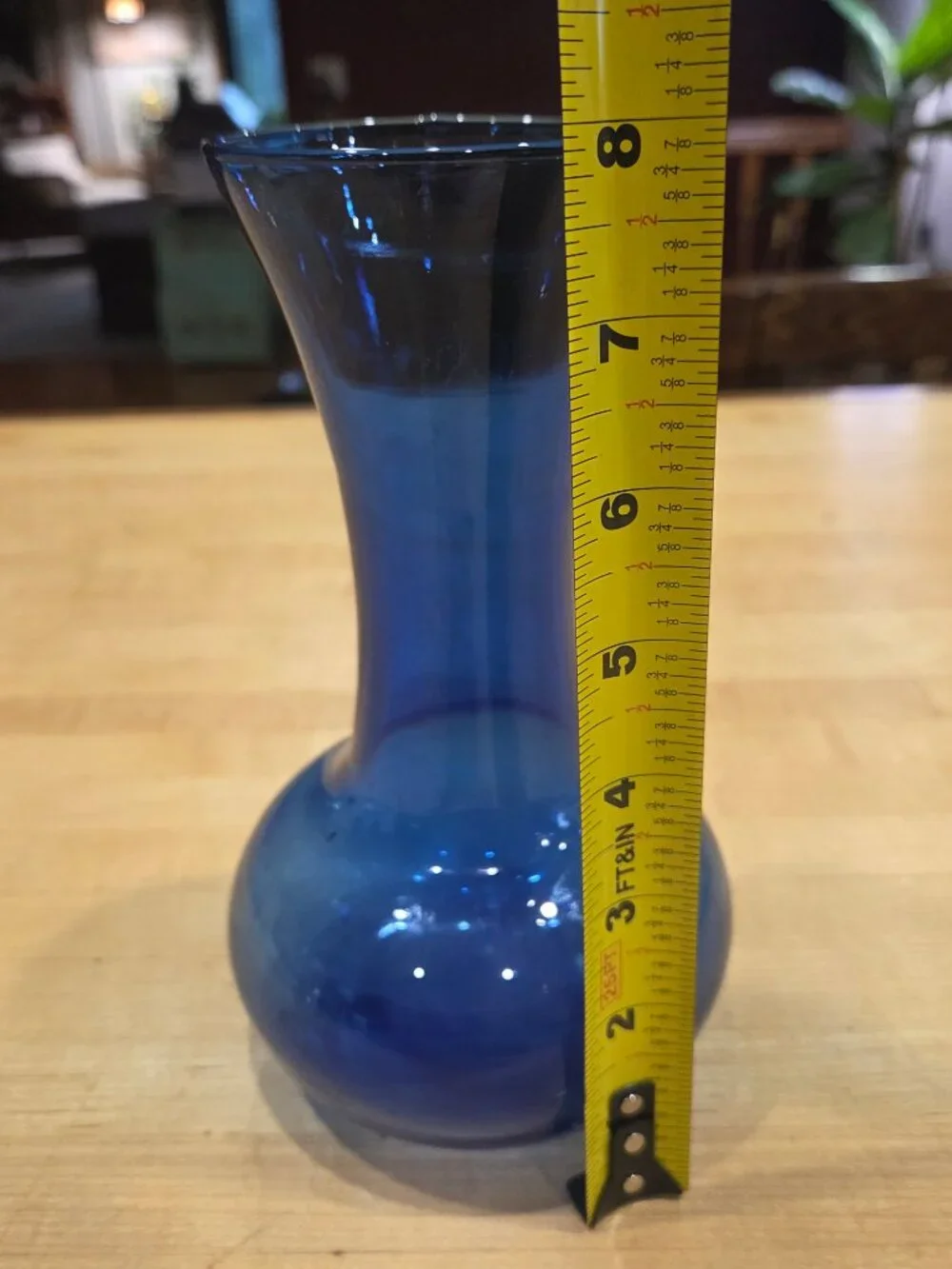 Vintage Cobalt Blue Hand Blown Glass Swirled Hourglass Bud Vase 8 Inch